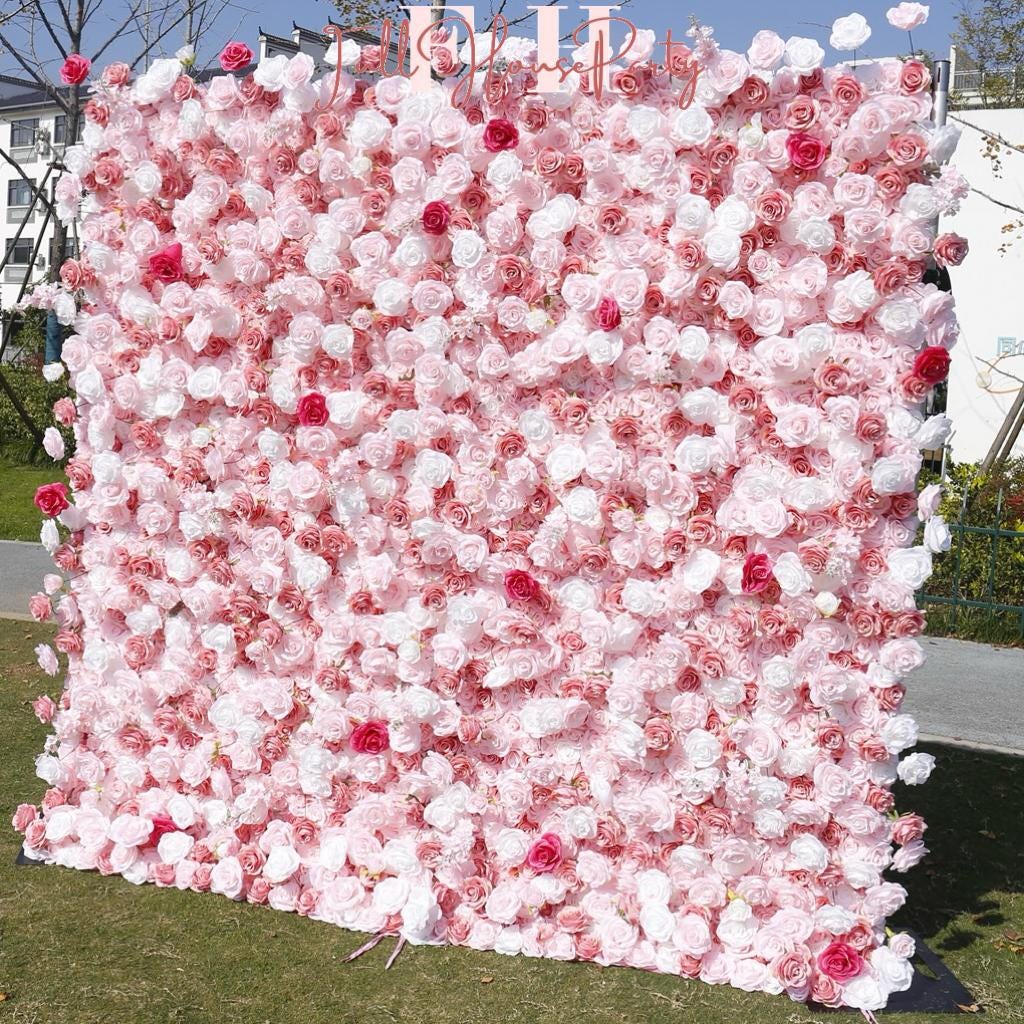 5D Baby Pink Rose Flower Wall  (8x8 ft) - Roll-Up Curtain Style Fabric Flower Wall for Wedding Party Photo Backdrop