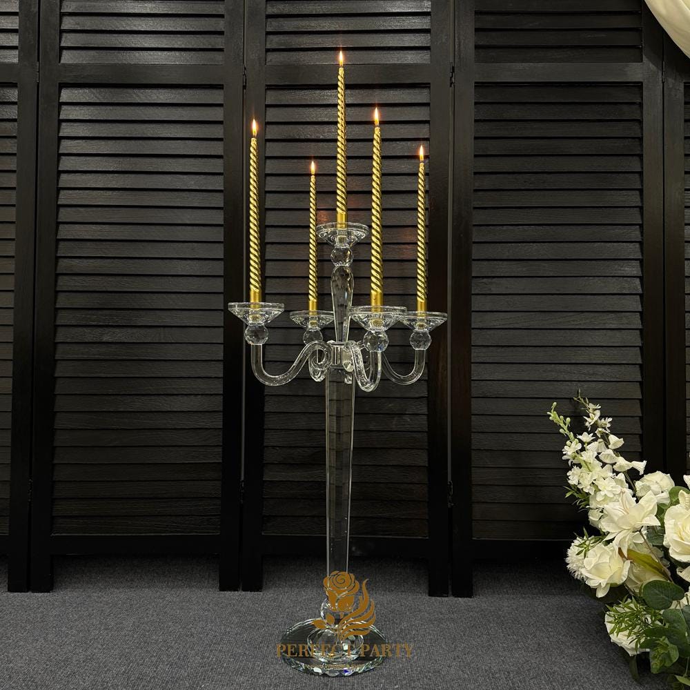 20''-Clear Crystal Candle Holder - Transparent Tall Candle Stand with Glass Hurricane Tube, Perfect for Wedding Table Centerpiece Decoration