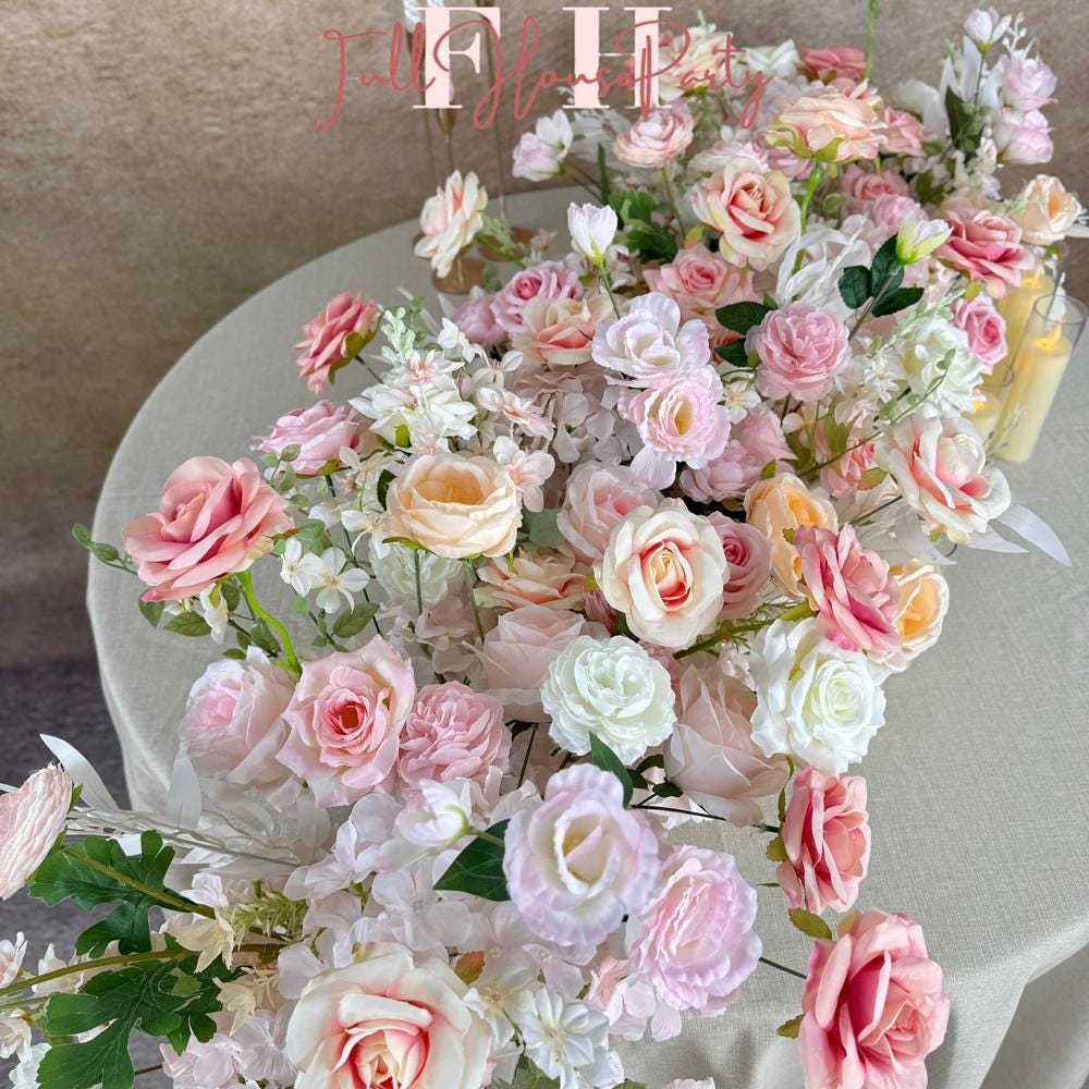 US Seller ---Blush Pink Roses Wedding Arch Artificial Floral, Table Flower Runner,  Flower Row Arrangement, Perfect for Party
