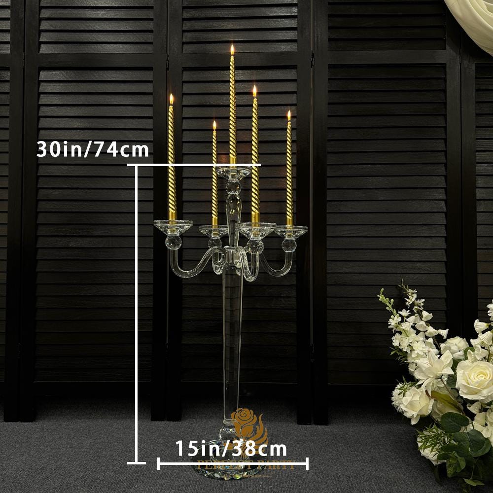 30??�?Clear Crystal Candle Holder - Transparent Tall Candle Stand with Glass Hurricane Tube, Perfect for Wedding Table Centerpiece Decoration