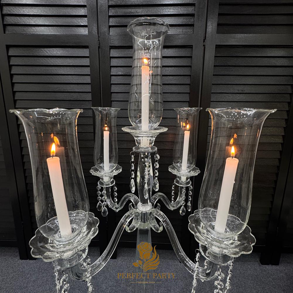 Tall Clear Crystal Candle Holder with Glass Hurricane Tube - Wedding Centerpiece