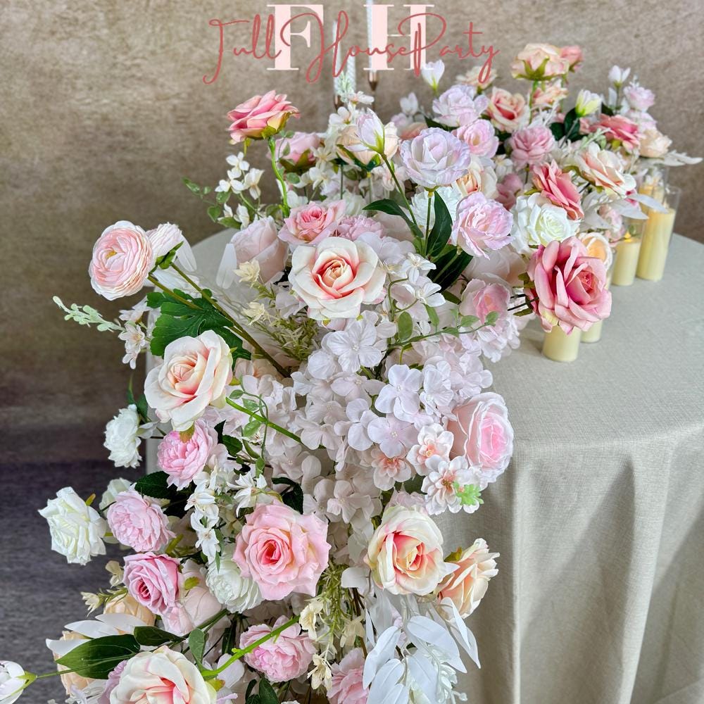 US Seller ---Blush Pink Roses Wedding Arch Artificial Floral, Table Flower Runner,  Flower Row Arrangement, Perfect for Party