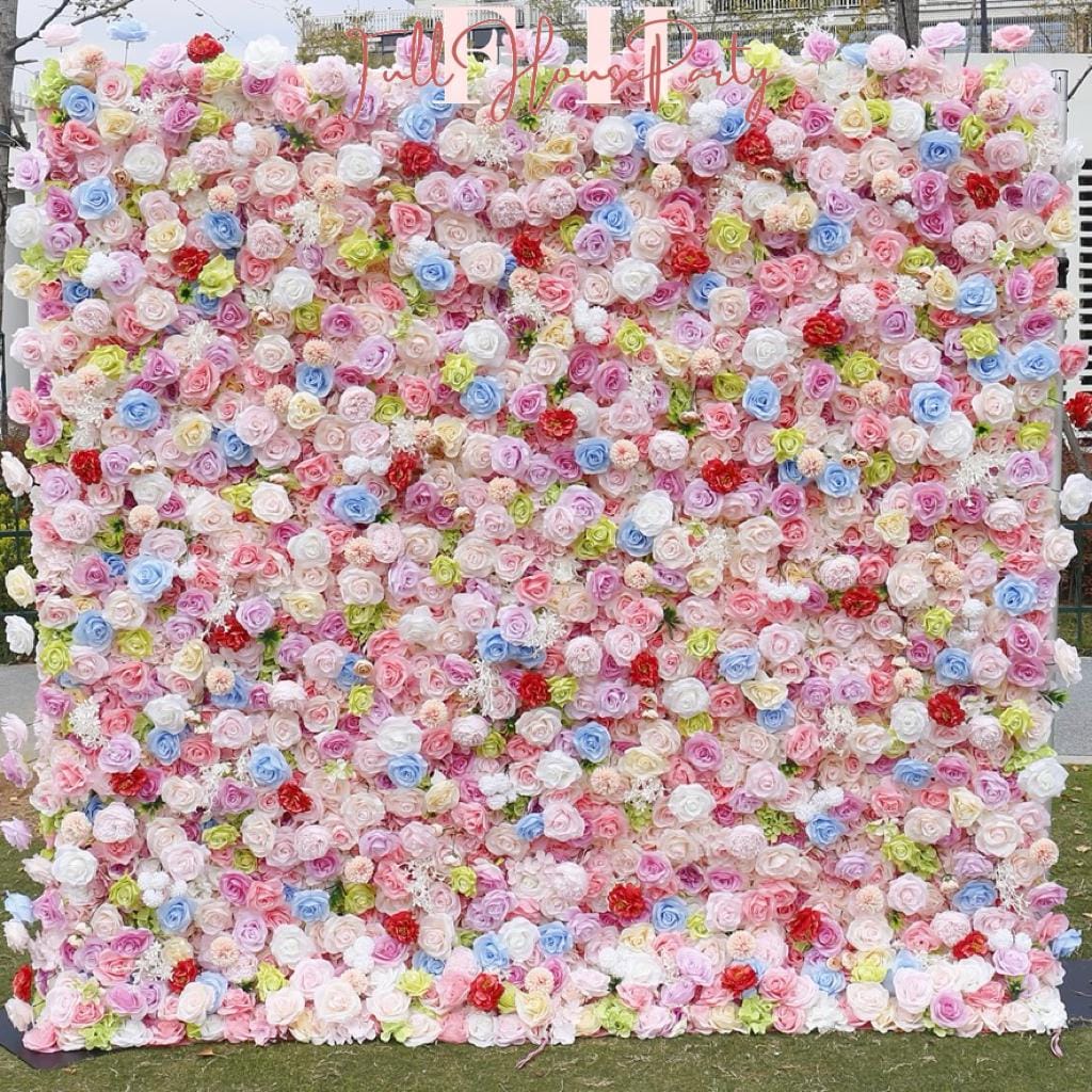 US Seller--Adorable Candy Pink-Colored Rose Flower Wall (8x8 ft) - Roll-Up Curtain Style Fabric Flower Wall for Wedding Party Photo Backdrop