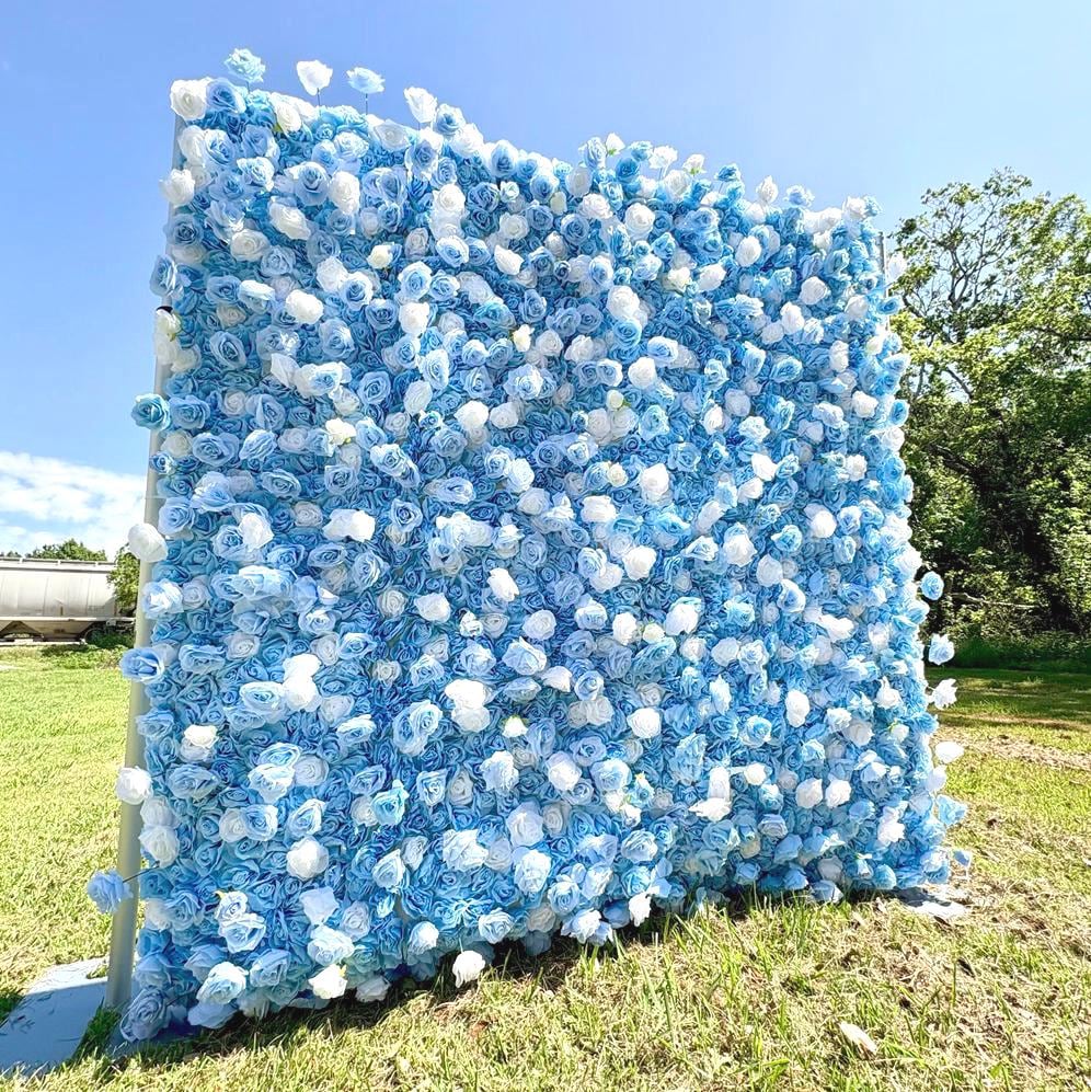 5D Blue and White Rose Flower Wall  - Flower Wall Rolling Up Curtain Wall, Fabric Flower Wall, Wedding Party Photo Backdrop