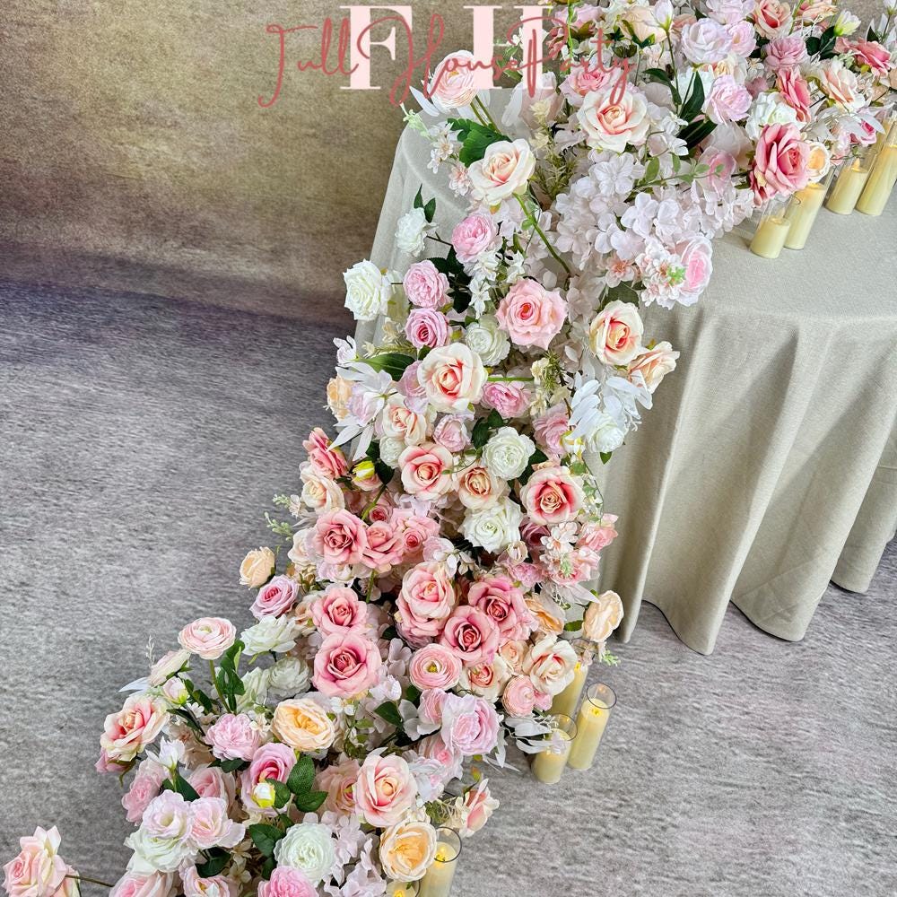 US Seller ---Blush Pink Roses Wedding Arch Artificial Floral, Table Flower Runner,  Flower Row Arrangement, Perfect for Party