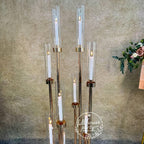 57'' Gold 10-Arm Metal  Holder Candelabra, Tall Glass Candle Holder, Heavy Metal Design for Weddings, Engagements, Showers, and Birthdays