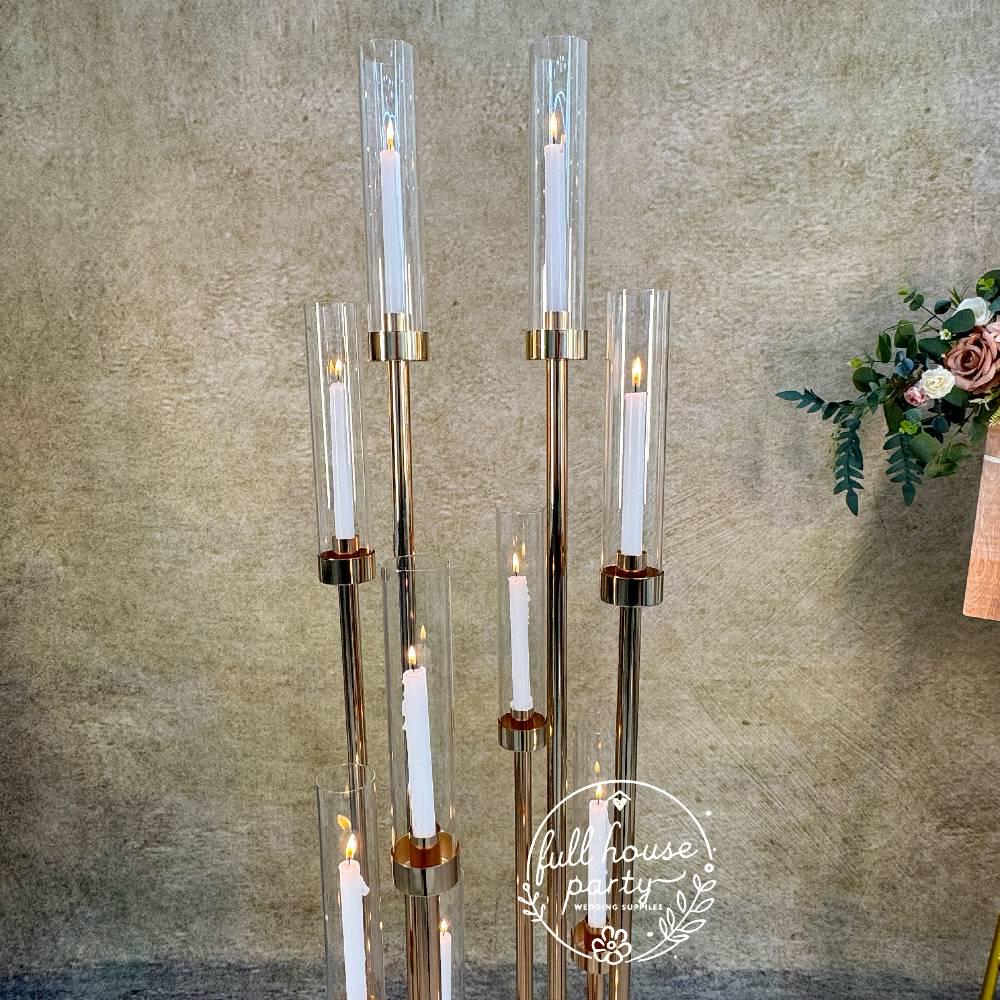 57'' Gold 10-Arm Metal  Holder Candelabra, Tall Glass Candle Holder, Heavy Metal Design for Weddings, Engagements, Showers, and Birthdays