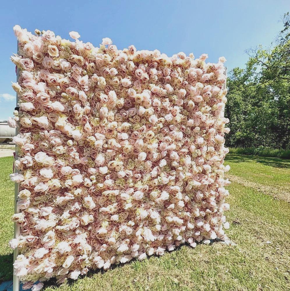 5D Light Brown Rose Flower Wall   - Flower Wall Rolling Up Curtain Wall, Fabric Flower Wall, Wedding Party Photo Backdrop