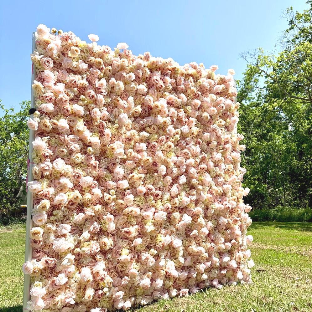 5D Light Brown Rose Flower Wall   - Flower Wall Rolling Up Curtain Wall, Fabric Flower Wall, Wedding Party Photo Backdrop