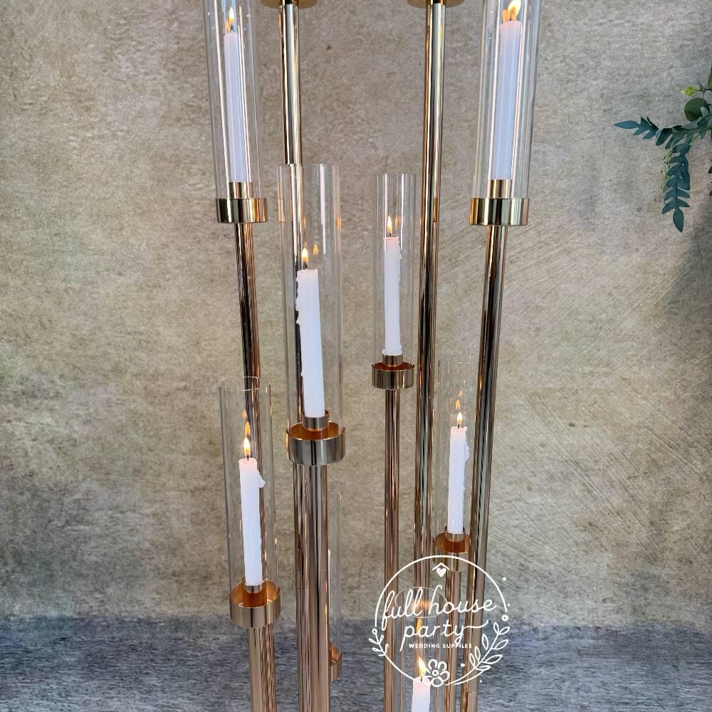 57'' Gold 10-Arm Metal  Holder Candelabra, Tall Glass Candle Holder, Heavy Metal Design for Weddings, Engagements, Showers, and Birthdays