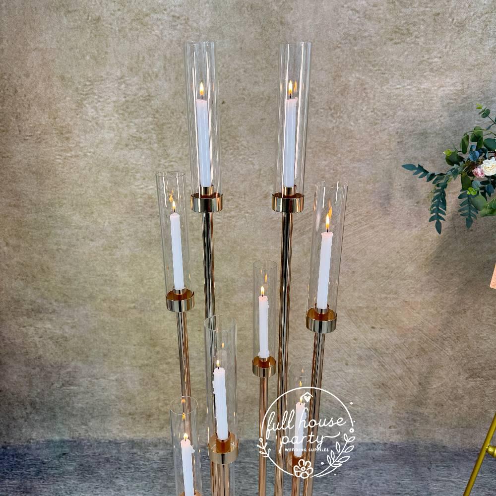 57'' Gold 10-Arm Metal  Holder Candelabra, Tall Glass Candle Holder, Heavy Metal Design for Weddings, Engagements, Showers, and Birthdays