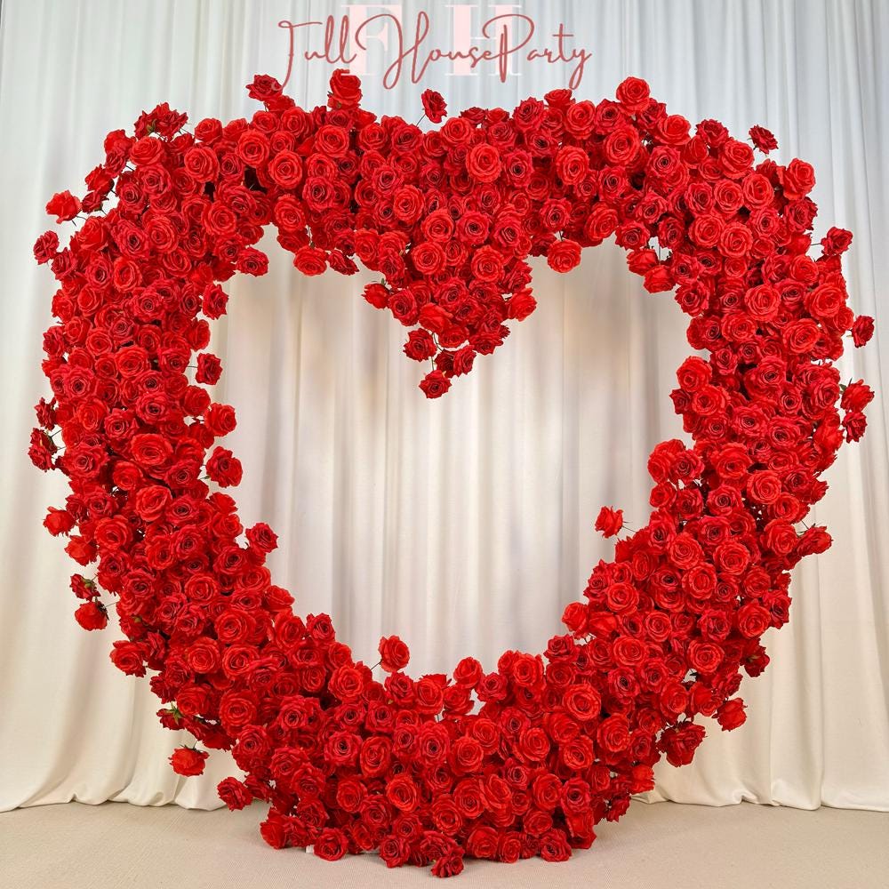 US Seller-(7.2 ft ? 7.2 ft)-5D Luxury Red Heart-Shaped Floral Arch??Romantic Wedding Backdrop, Proposal Decoration, Engagement Event Display