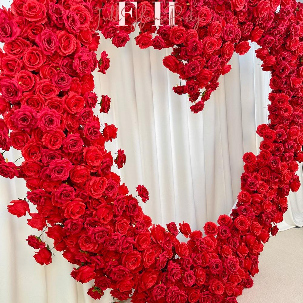 US Seller-(7.2 ft ? 7.2 ft)-5D Luxury Red Heart-Shaped Floral Arch??Romantic Wedding Backdrop, Proposal Decoration, Engagement Event Display