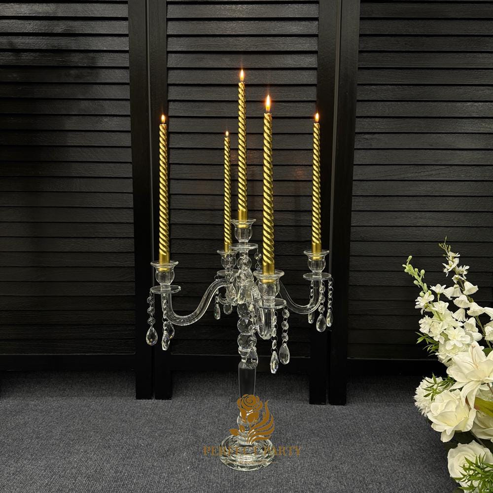 30??�?Clear Crystal Candle Holder - Transparent Tall Candle Stand with Glass Hurricane Tube, Perfect for Wedding Table Centerpiece Decoration