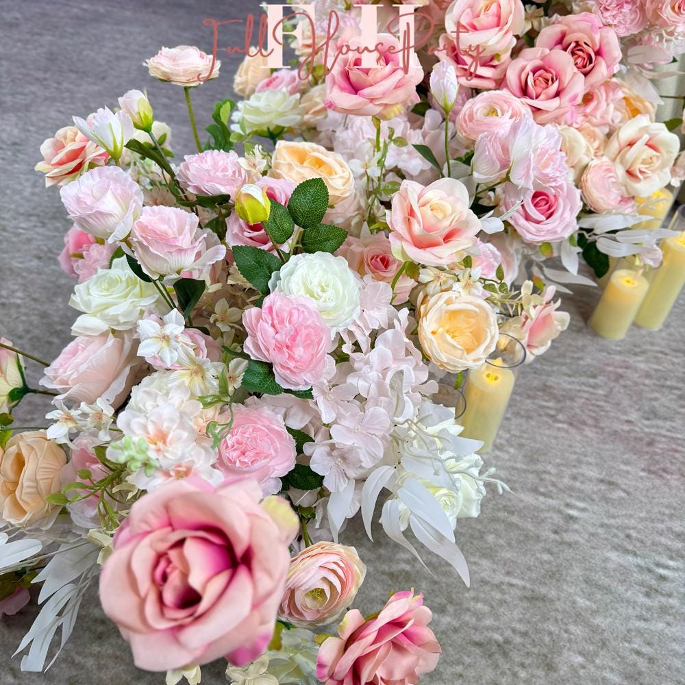US Seller ---Blush Pink Roses Wedding Arch Artificial Floral, Table Flower Runner,  Flower Row Arrangement, Perfect for Party