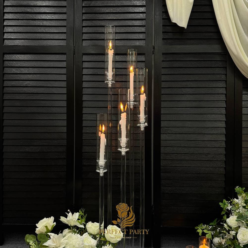 47'' - Clear Acrylic Tall Candle Holder with Crystal Glass Hurricane Tube, Suitable for Real Candles,wedding candlestick table centerpiece