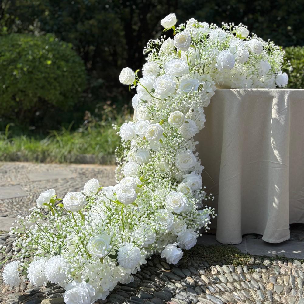 Romantic White Rose & Airy Baby's Breath Garland for Staircase and Table Decoration
