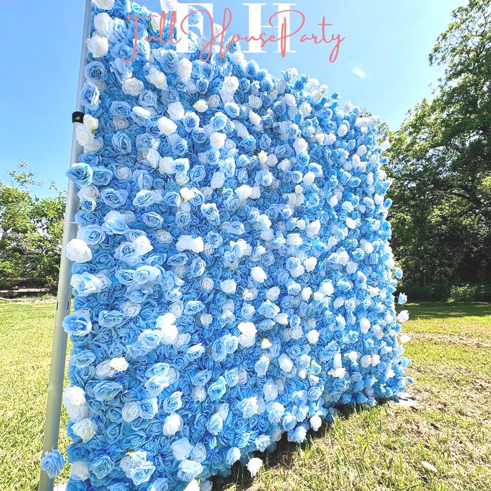 5D Blue and White Rose Flower Wall  - Flower Wall Rolling Up Curtain Wall, Fabric Flower Wall, Wedding Party Photo Backdrop