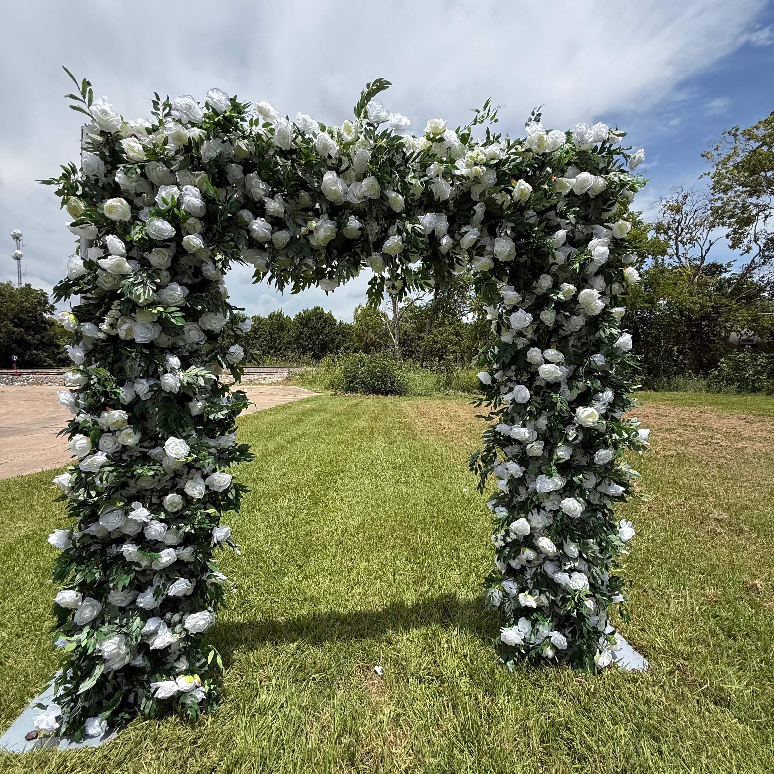 Forest White Blossom & Lush Greenery Square Arch