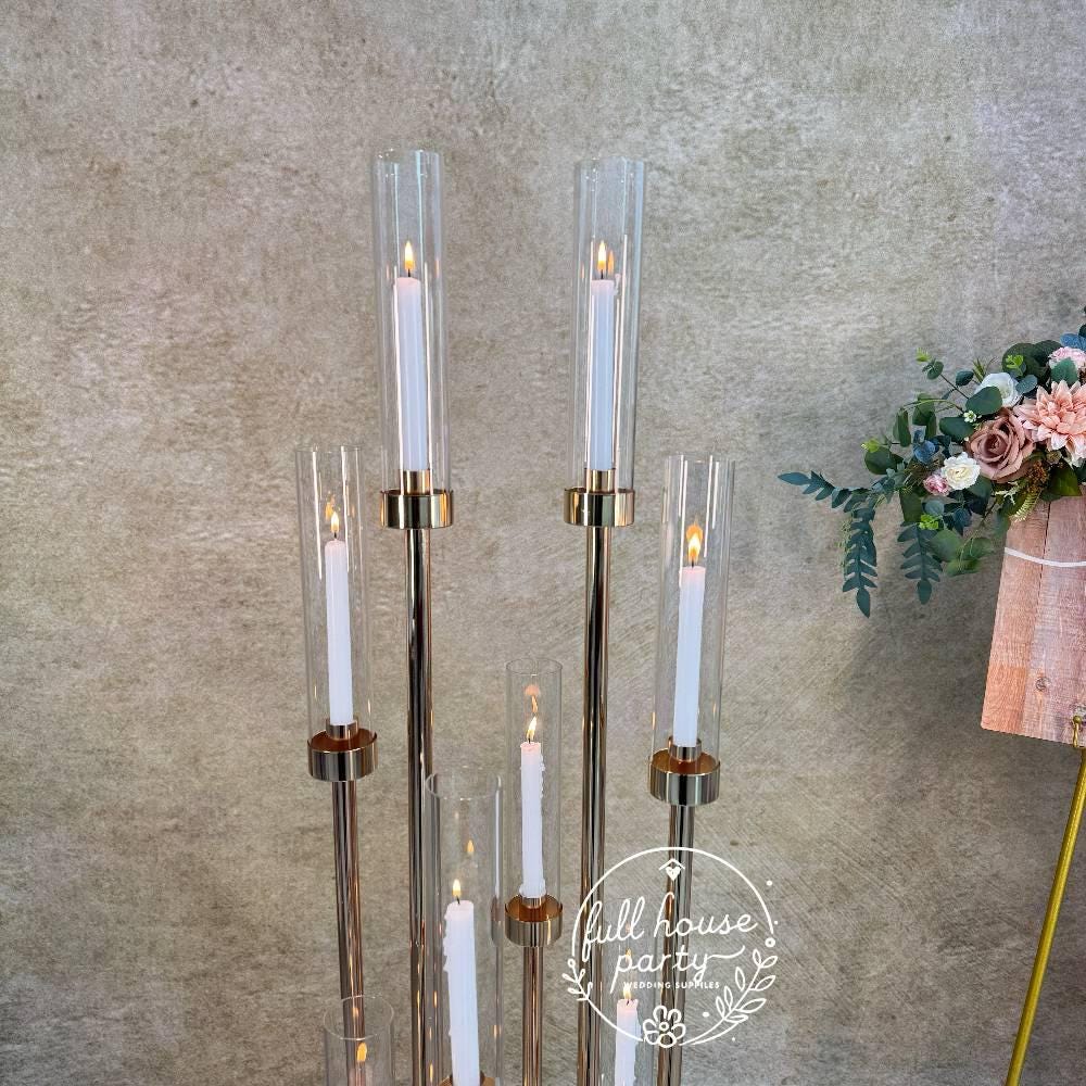 57'' Gold 10-Arm Metal  Holder Candelabra, Tall Glass Candle Holder, Heavy Metal Design for Weddings, Engagements, Showers, and Birthdays