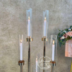57'' Gold 10-Arm Metal  Holder Candelabra, Tall Glass Candle Holder, Heavy Metal Design for Weddings, Engagements, Showers, and Birthdays