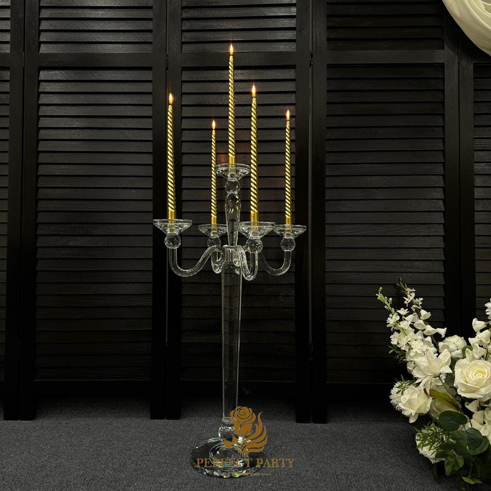 30??�?Clear Crystal Candle Holder - Transparent Tall Candle Stand with Glass Hurricane Tube, Perfect for Wedding Table Centerpiece Decoration