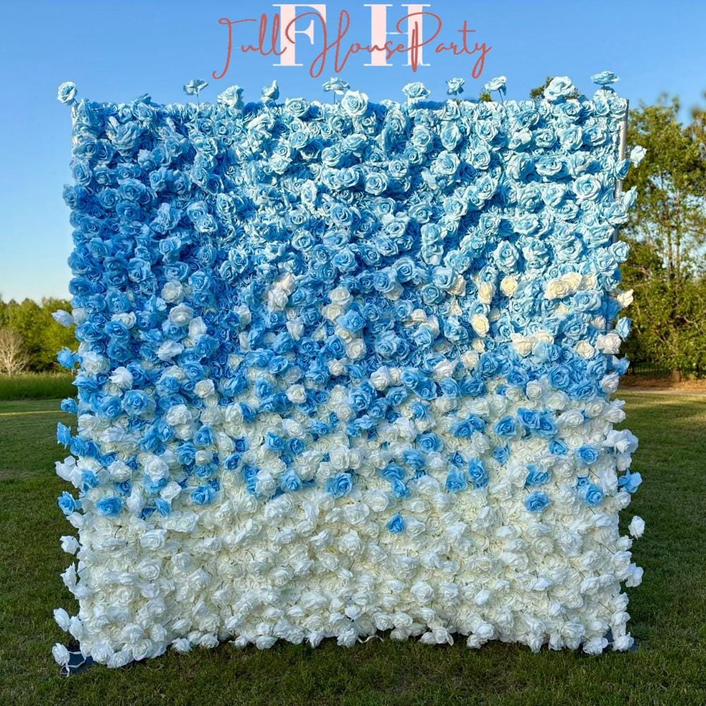 US Seller ---5D Blue and White Rose Flower Wall  - Flower Wall Rolling Up Curtain Wall, Fabric Flower Wall, Wedding Party Photo Backdrop