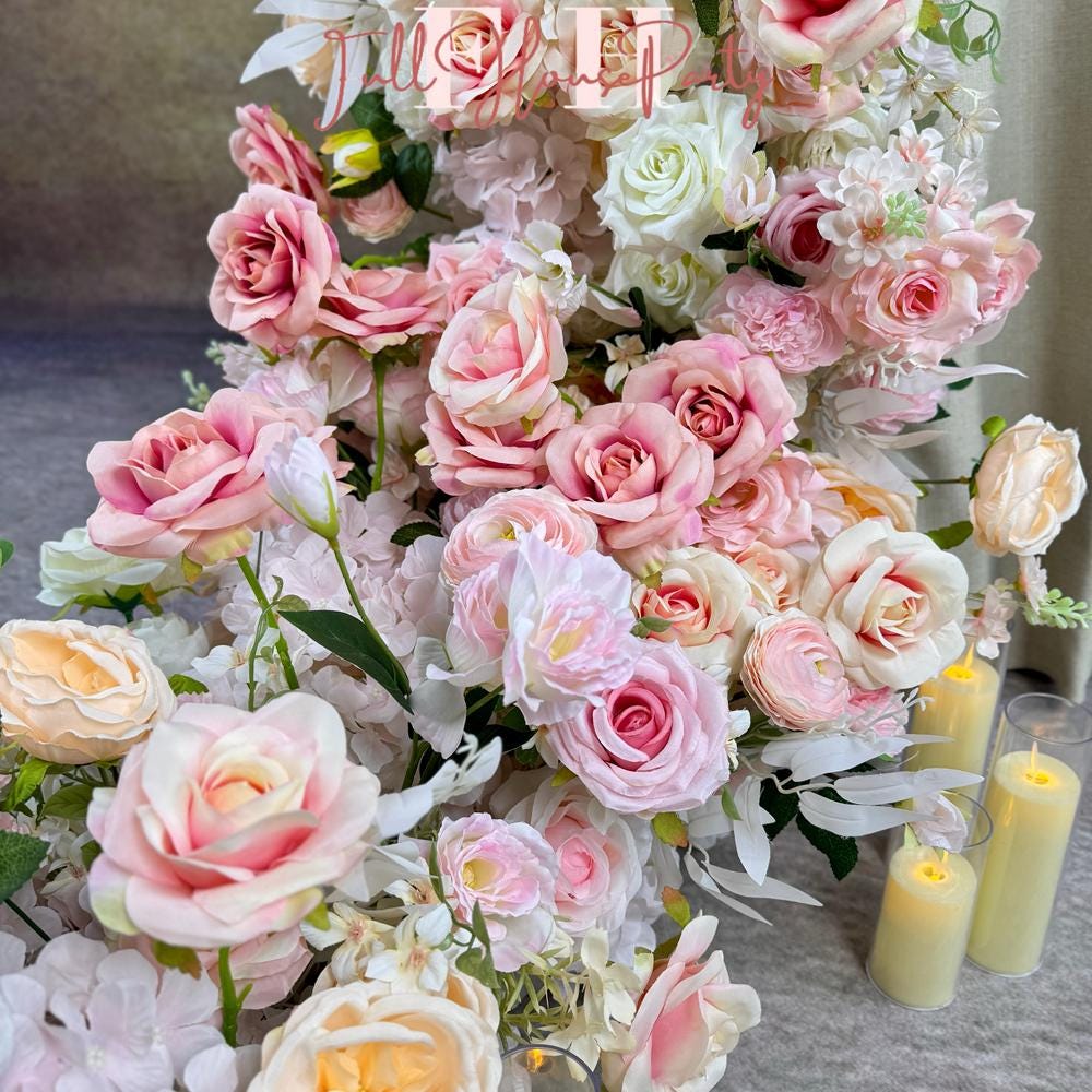 US Seller ---Blush Pink Roses Wedding Arch Artificial Floral, Table Flower Runner,  Flower Row Arrangement, Perfect for Party