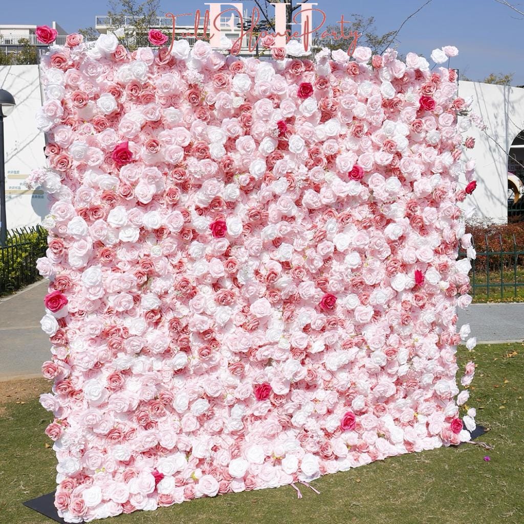 5D Baby Pink Rose Flower Wall  (8x8 ft) - Roll-Up Curtain Style Fabric Flower Wall for Wedding Party Photo Backdrop