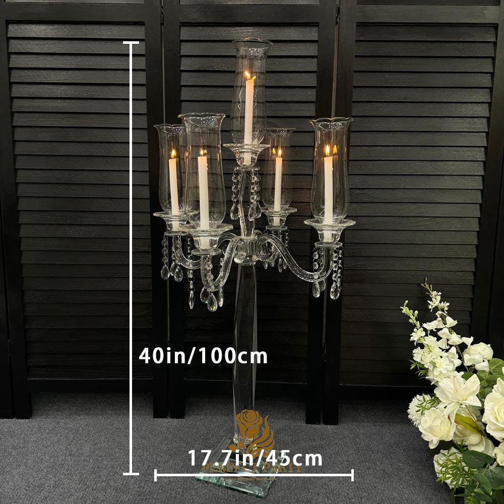 Tall Clear Crystal Candle Holder with Glass Hurricane Tube - Wedding Centerpiece