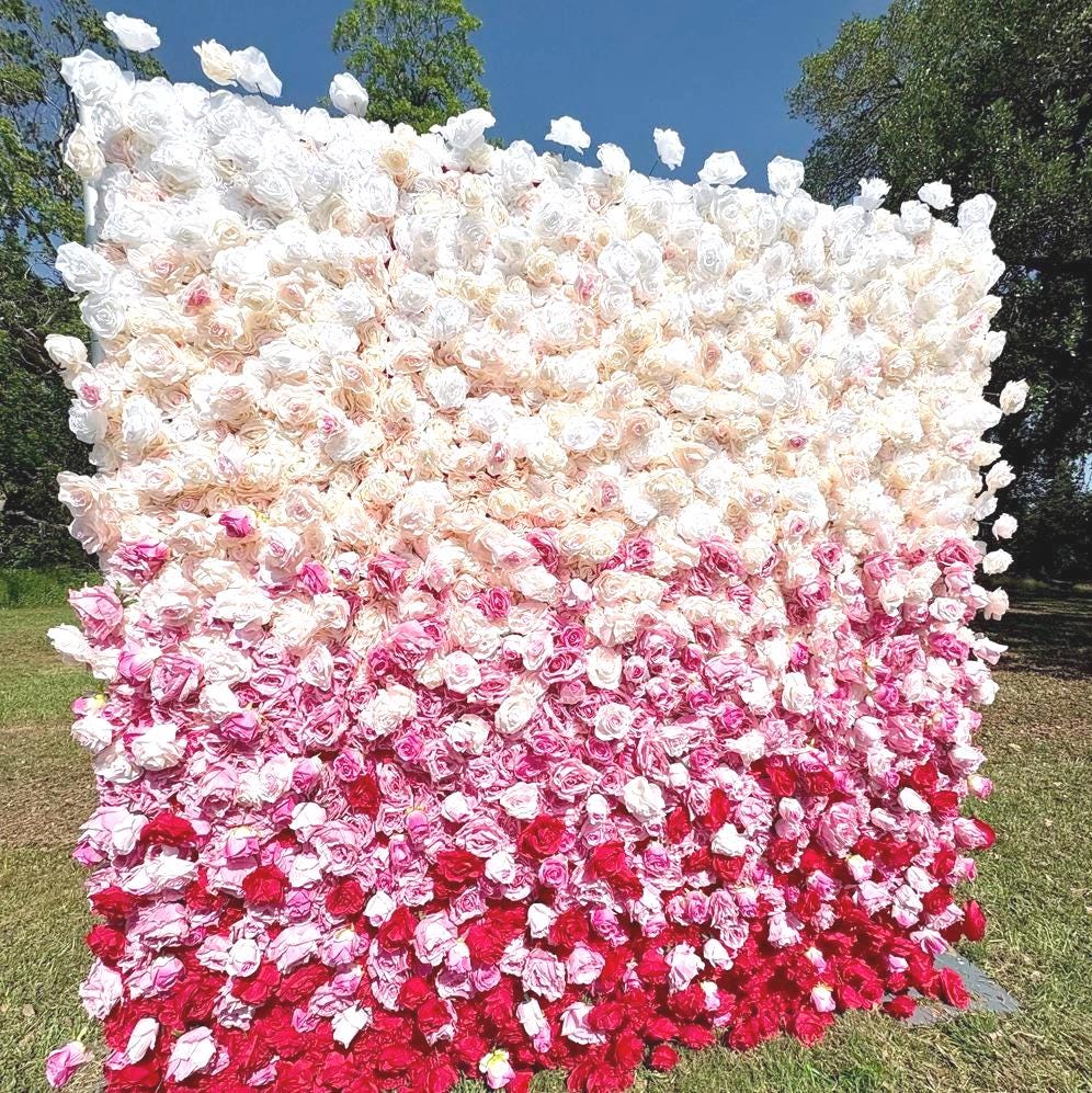 US Seller---5D Gradient Red Rose Flower Wall (8x8 ft) - Roll-Up Curtain Style Fabric Flower Wall for Wedding Party Photo Backdrop.