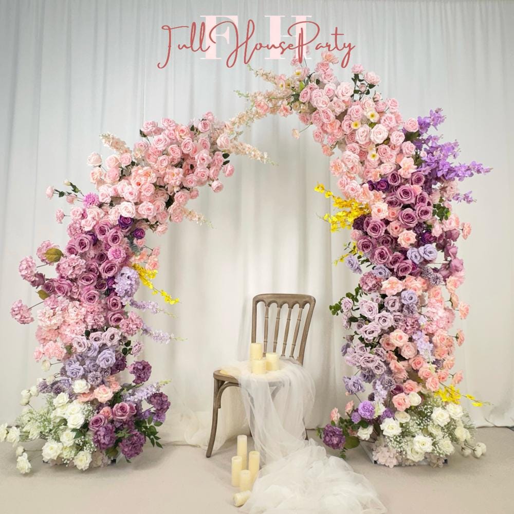 US Seller----Wedding Archway with Baby Pink & Purple Roses ??Artificial Floral Arrangement for Wedding Pillars Event Backdrop Decoration