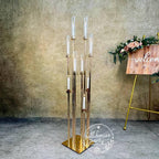 57'' Gold 10-Arm Metal  Holder Candelabra, Tall Glass Candle Holder, Heavy Metal Design for Weddings, Engagements, Showers, and Birthdays