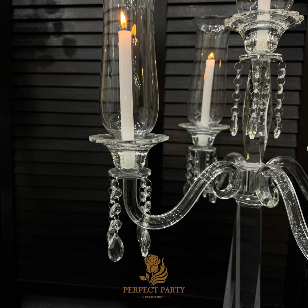 Tall Clear Crystal Candle Holder with Glass Hurricane Tube - Wedding Centerpiece