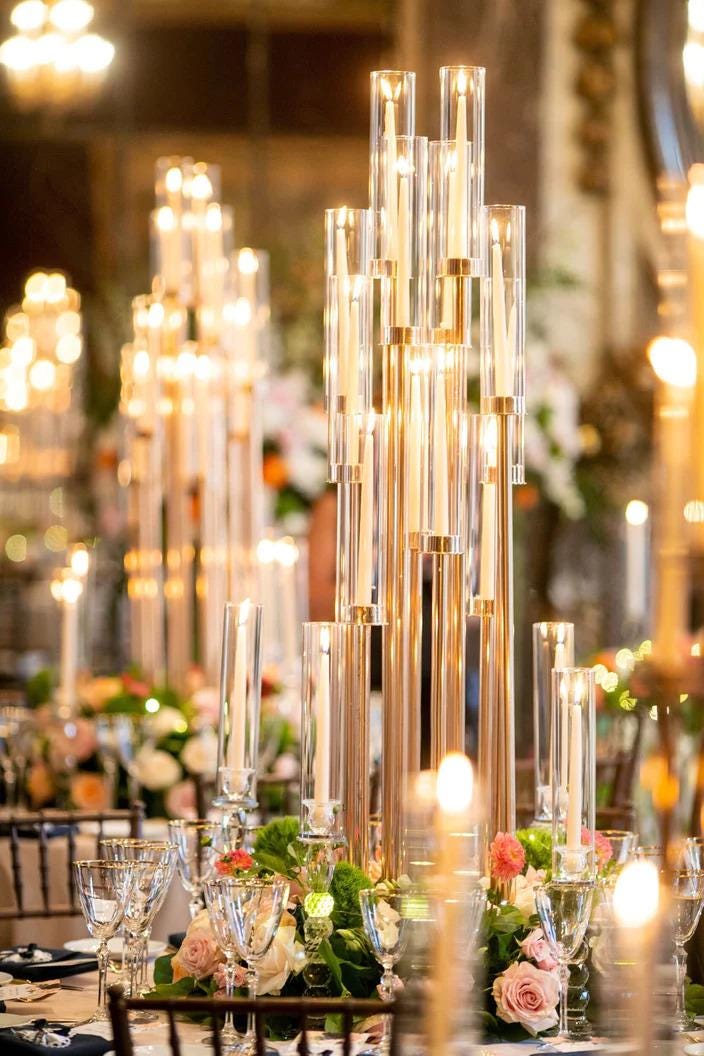 57'' Gold 10-Arm Metal  Holder Candelabra, Tall Glass Candle Holder, Heavy Metal Design for Weddings, Engagements, Showers, and Birthdays