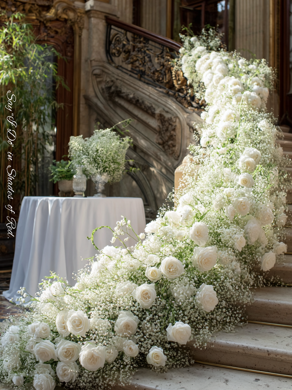 Romantic White Rose & Airy Baby's Breath Garland for Staircase and Table Decoration